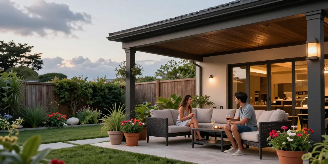 Freistehende Terrassenüberdachung im Garten mit stilvollen Möbeln und Pflanzen