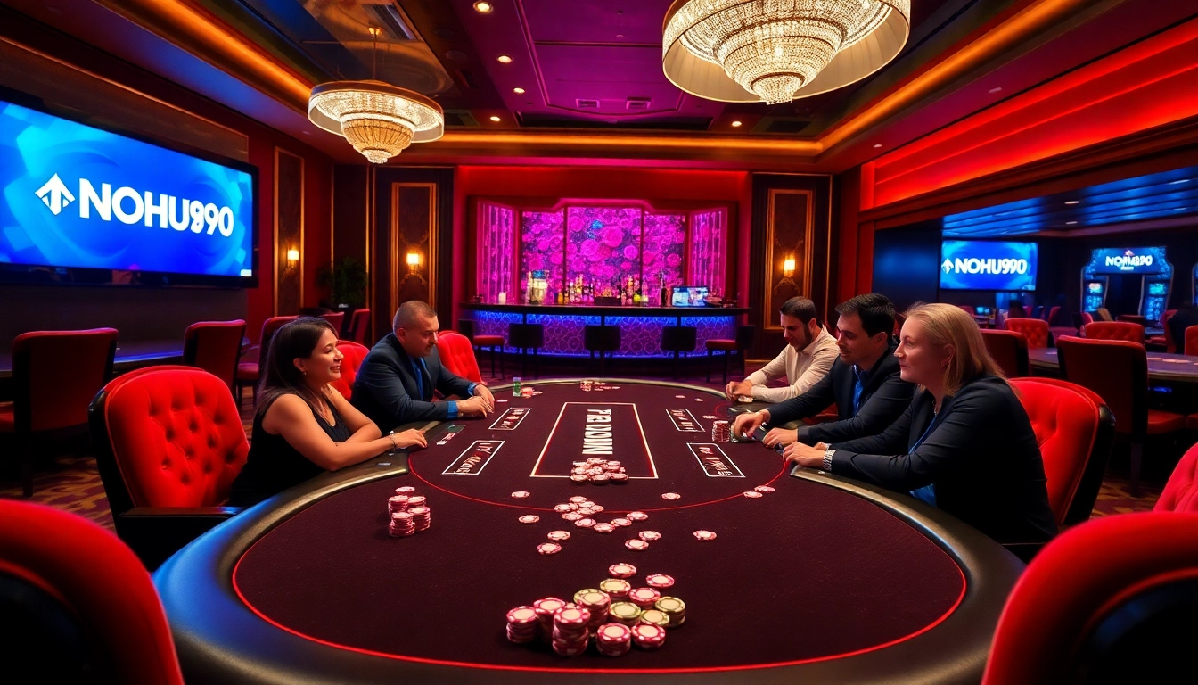 Engaged players strategizing at a poker table in a luxurious casino scene with NOHU90 branding.