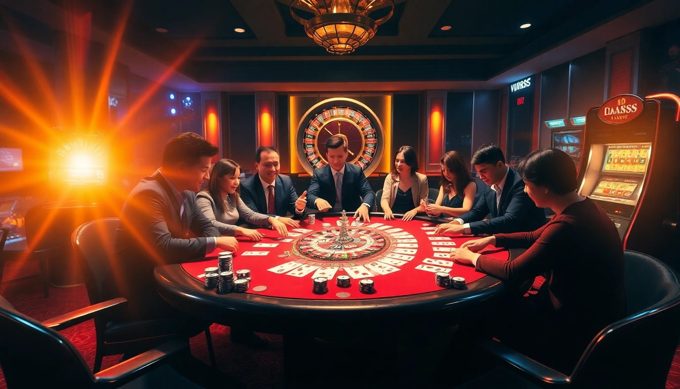 Players enjoying a thrilling poker game at a glamorous casino table incorporating mv88 elements.