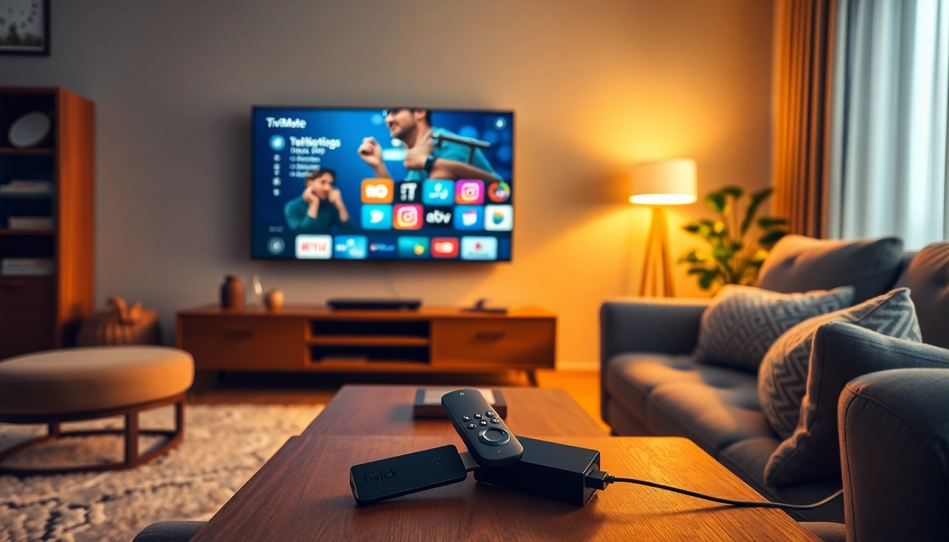 TiviMate auf Fire TV Stick installieren in einem gemütlichen modernen Wohnzimmer, das IPTV-Streaming auf einem stilvollen Fernseher zeigt.