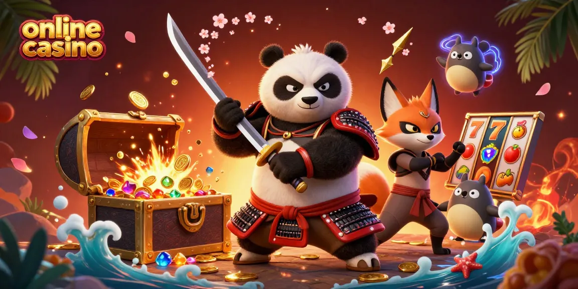 Engage in thrilling actions at an online casino with a powerful samurai panda and vibrant gaming elements.