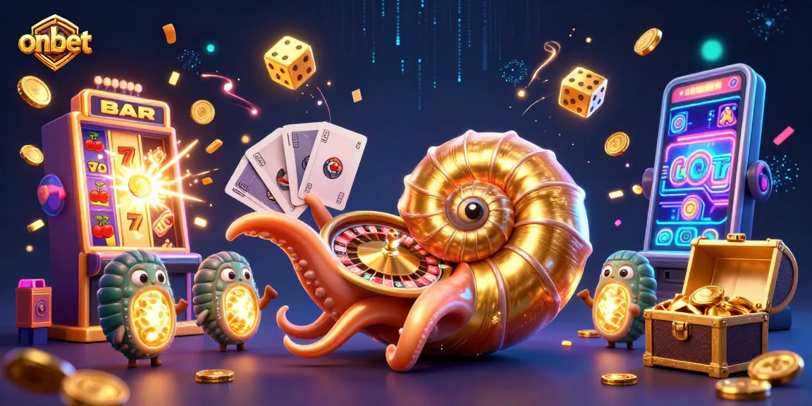 Experience the thrilling world of onbet with a lively 3D casino scene full of vibrant game elements and the ancient nautilus as the centerpiece.