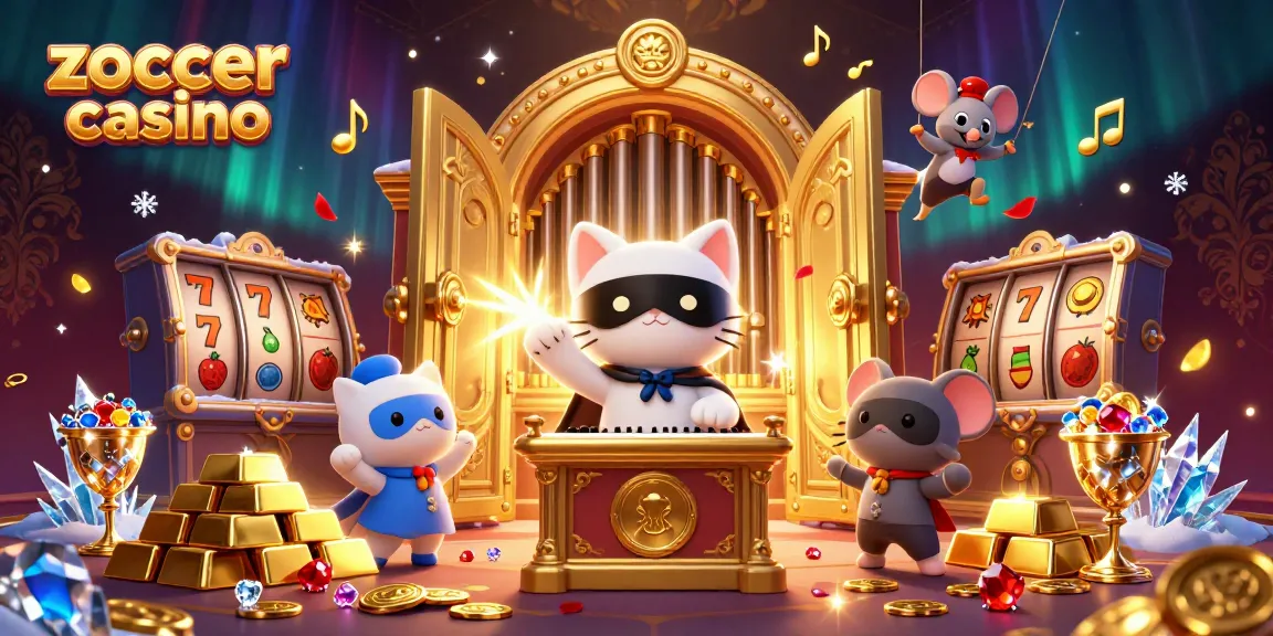 Zoccer casino showcases a vibrant 3D scene with whimsical characters amidst sparkling gaming elements.